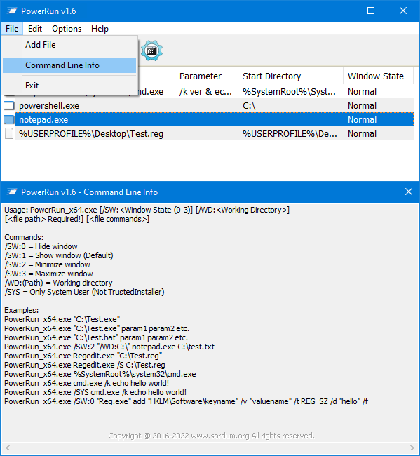 powerrun cmd parameters